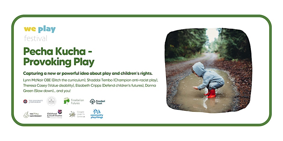 Join us as 5 inspirational humans speak for just 6 minutes each in front of 20 images that capture a new or powerful idea about play and children’s rights. With @LynnMcNair @Theresa12250478 @CriticalEYears @ebcripps @DonnaGreenx Free, Weds 27/09, 6pm bit.ly/463Ee4o