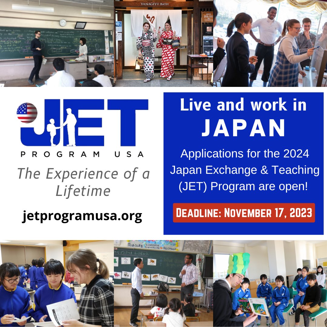 Have you ever dreamed of living and working in Japan? Now’s your chance - apply for the 2024 Japan Exchange & Teaching (JET) Program! Application deadline is Friday, November 17th. Visit jetprogramusa.org for more information. Questions? Email us at jet@cg.mofa.go.jp.