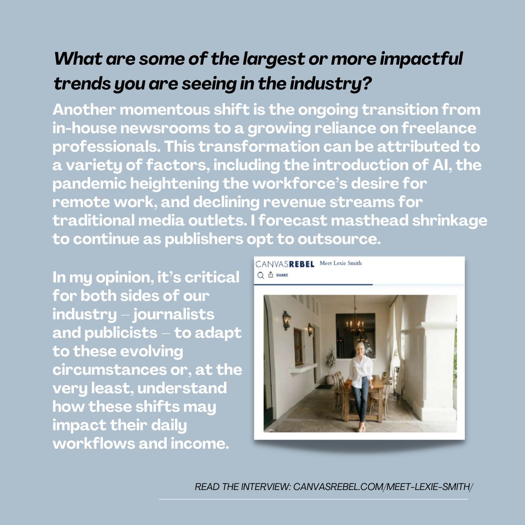 Our founder, <a href="/LexieSmithPR/">Lexie Smith</a>, was recently featured in an interview with Canvas Rebel Magazine, where she discussed some of the most impactful trends currently shaping the PR industry. It’s definitely worth a read if you want to get ahead of the trends!

canvasrebel.com/meet-lexie-smi…