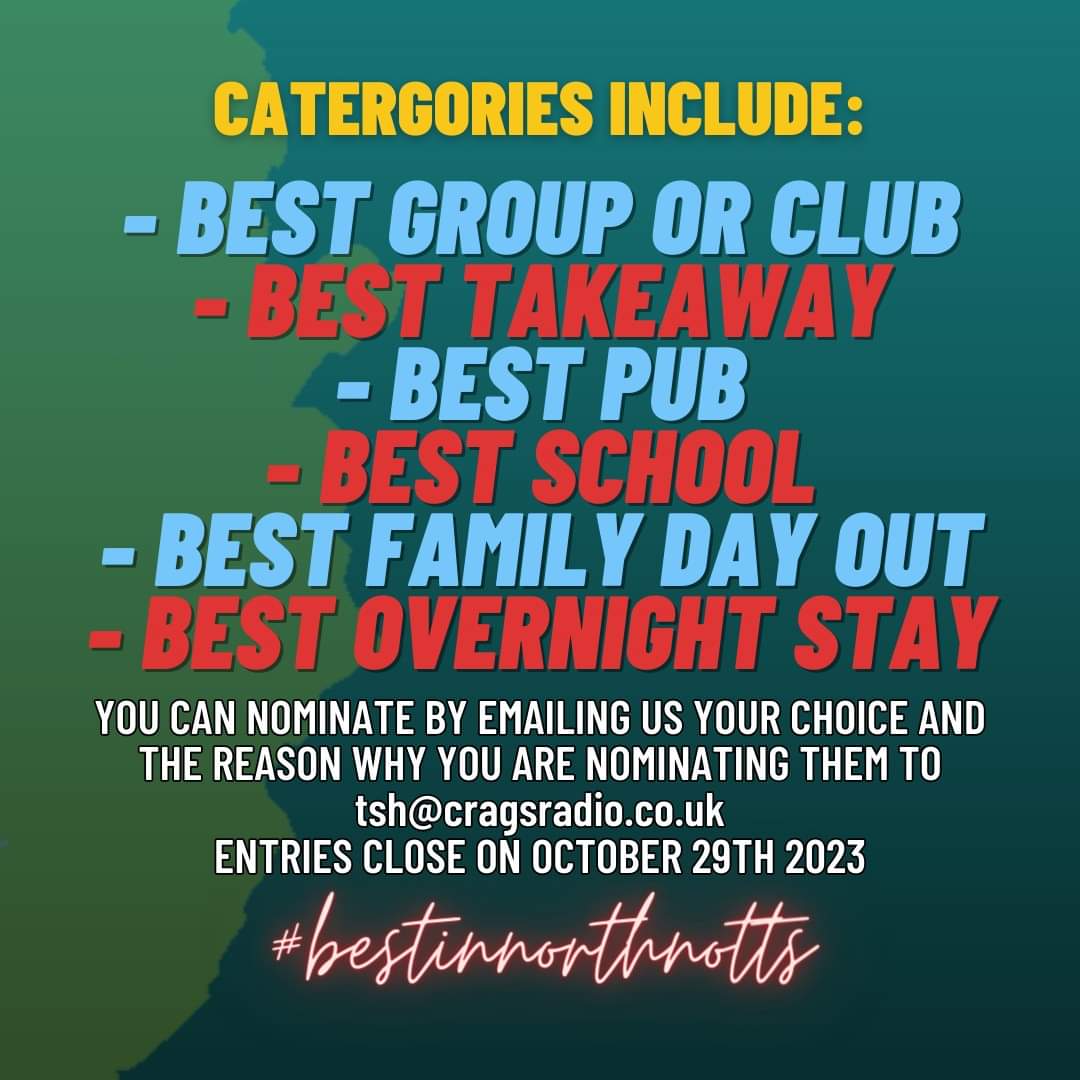 We're looking for the best North Notts has to offer for our first official #bestiesawards. Nominations are now officially open. Send your entries to tsh@cragsradio.co.uk #cragsradio #northnotts #worksop #retford #bassetlaw #awards #vote #thesaturdayhours #johnandalice #Notts