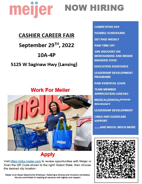 Hiring Event: Our team at the Lansing, MI Meijer location (5125 W Saginaw Highway) is looking for new team members. Join us for our walk-in cashier hiring event Friday, Sept 29th from 10a-4p. 
Apply online at jobs.meijer.com or scan the QR code below. Make an impact here!