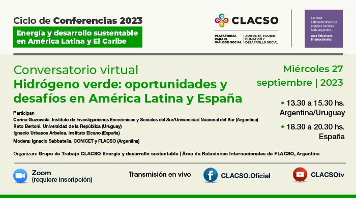 _CLACSO's tweet photo. 📣 Conversatorio virtual: Hidrógeno verde: oportunidades y desafíos en América Latina y España
📆 27 de septiembre -13.30 hs. GMT-3
🖇️ + info: https://t.co/wgY0aqReI7
❗Organiza: GT CLACSO Energía y desarrollo sustentable y Área de Relaciones Internacionales de FLACSO, Argentina https://t.co/jV6arxgtqH