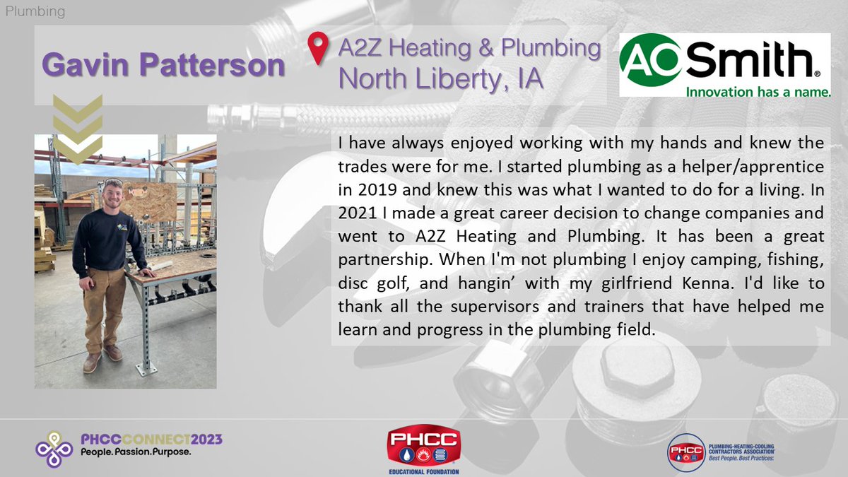 PHCCFoundation's tweet photo. 📣Presenting... Gavin Patterson - A2Z Heating and Plumbing, North Liberty, IA🎉
Sponsored by: @AOSmithHotWater
#phccfoundation #phccacademy #apprenticecontest #plumbing #hvacr #careerdevelopment #CONNECT2023 #cleveland #ohio #phccareers #cleanair #cleanwater https://t.co/MOcvmBOKgO