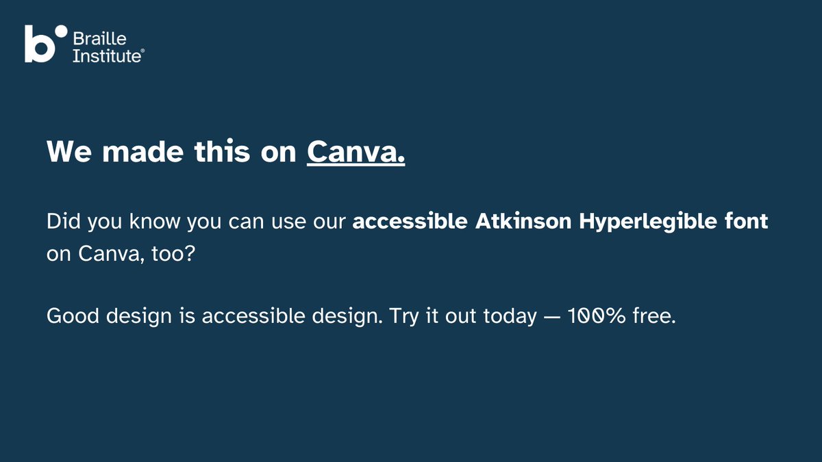 Did you know that our #AtkinsonHyperlegible font is available for FREE use on @Canva? This font is designed for increased legibility, especially for users with low vision. To try it out for yourself, just type “Atkinson Hyperlegible” in the Fonts search bar.

#A11y #FreeFont