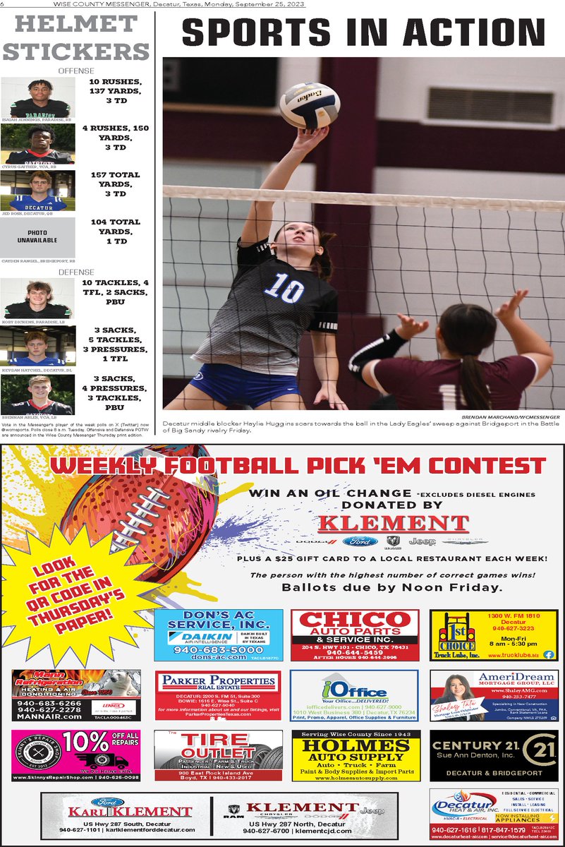 WCMessenger's tweet image. Here's this week's #HelmetSticker recipients, plus coverage of Alvord's 50-7 loss to City View, Bridgeport's 49-9 loss to Aubrey, Chico's 49-2 loss to Celeste, Boyd's 78-0 loss to Brock and Victory Christian Academy's 56-6 win over Immanuel Christian School.