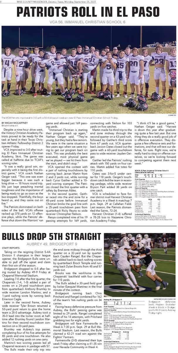 WCMessenger's tweet image. Here's this week's #HelmetSticker recipients, plus coverage of Alvord's 50-7 loss to City View, Bridgeport's 49-9 loss to Aubrey, Chico's 49-2 loss to Celeste, Boyd's 78-0 loss to Brock and Victory Christian Academy's 56-6 win over Immanuel Christian School.