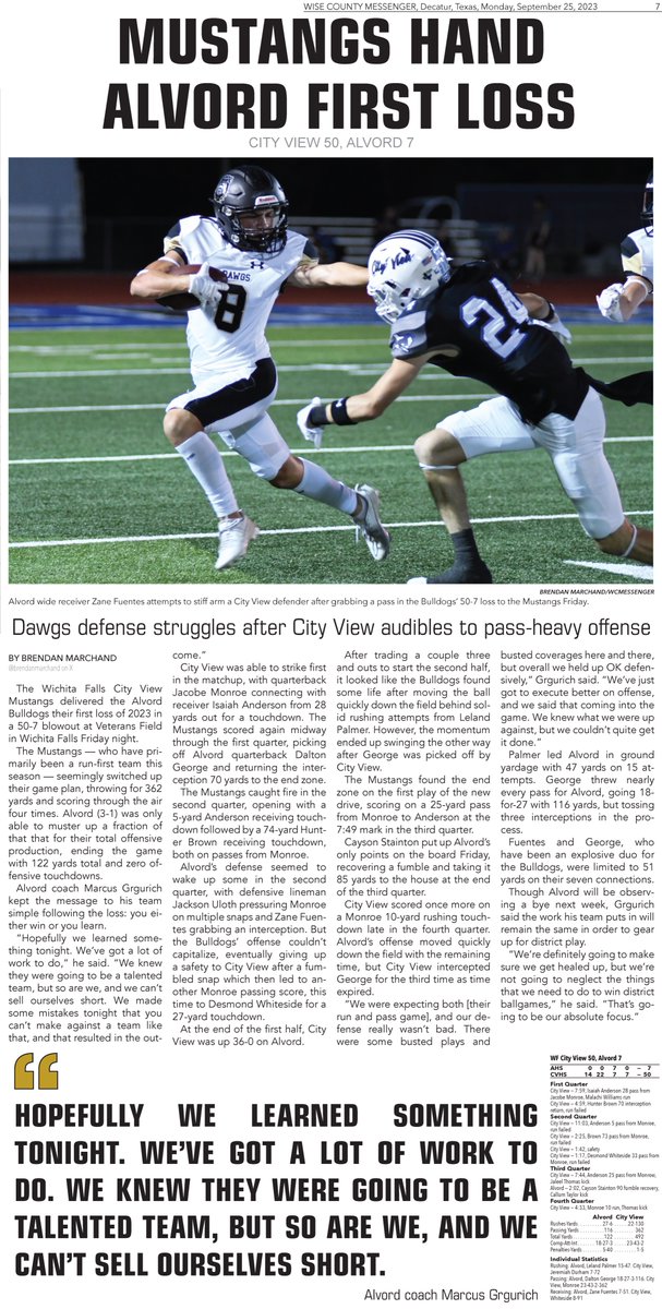 WCMessenger's tweet image. Here's this week's #HelmetSticker recipients, plus coverage of Alvord's 50-7 loss to City View, Bridgeport's 49-9 loss to Aubrey, Chico's 49-2 loss to Celeste, Boyd's 78-0 loss to Brock and Victory Christian Academy's 56-6 win over Immanuel Christian School.