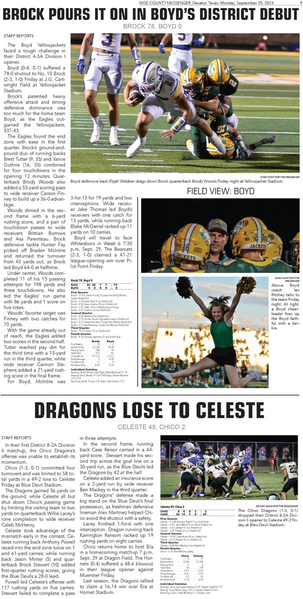 WCMessenger's tweet image. Here's this week's #HelmetSticker recipients, plus coverage of Alvord's 50-7 loss to City View, Bridgeport's 49-9 loss to Aubrey, Chico's 49-2 loss to Celeste, Boyd's 78-0 loss to Brock and Victory Christian Academy's 56-6 win over Immanuel Christian School.