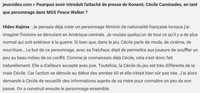 ASdepique87's tweet photo. Hideo Kojima thought he'd create a French female character when imagining Peace Walker's story (set in Central America). He wanted someone who wouldn't be a warrior and who'd talk about lighter topics (fashion, cinema, food...). https://t.co/pQMsCbXjVa