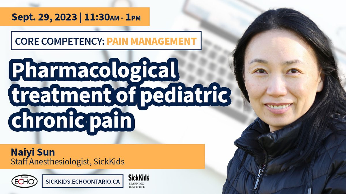 ECHOPaeds's tweet photo. #PrimaryCare providers our new #PedsPain Core Competency series continues with Dr. Naiyi Sun (@SunNaiyi), staff anesthesiologist @SickKidsNews presenting on:

"Pharmacological treatment of pediatric chronic pain"
🗓️Sep 28 | 12-1pm  
Register Now⤵️
https://t.co/Z6ADfA7Xhn
#MedEd https://t.co/aVn007Wxtp
