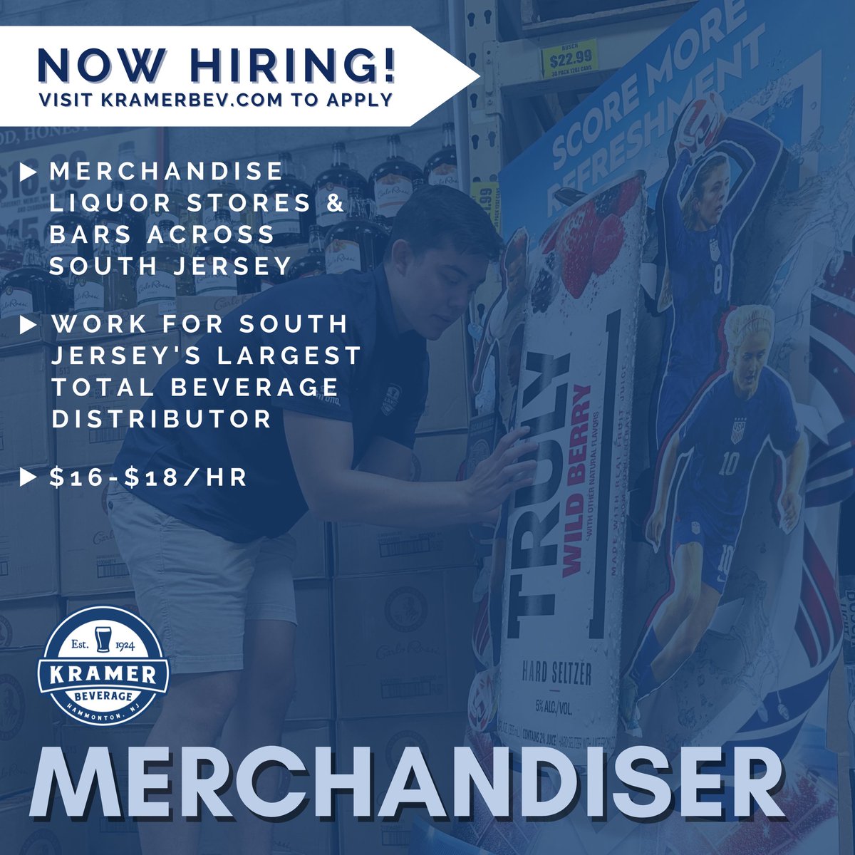 KramerBeverage's tweet photo. #NOWHIRING: Merchandiser 🍻 This a great entry-level position for anyone looking to get involved in the beverage industry! Visit our website https://t.co/AMhIVB6GnM for more information 📲 https://t.co/bUKzyZDeYk