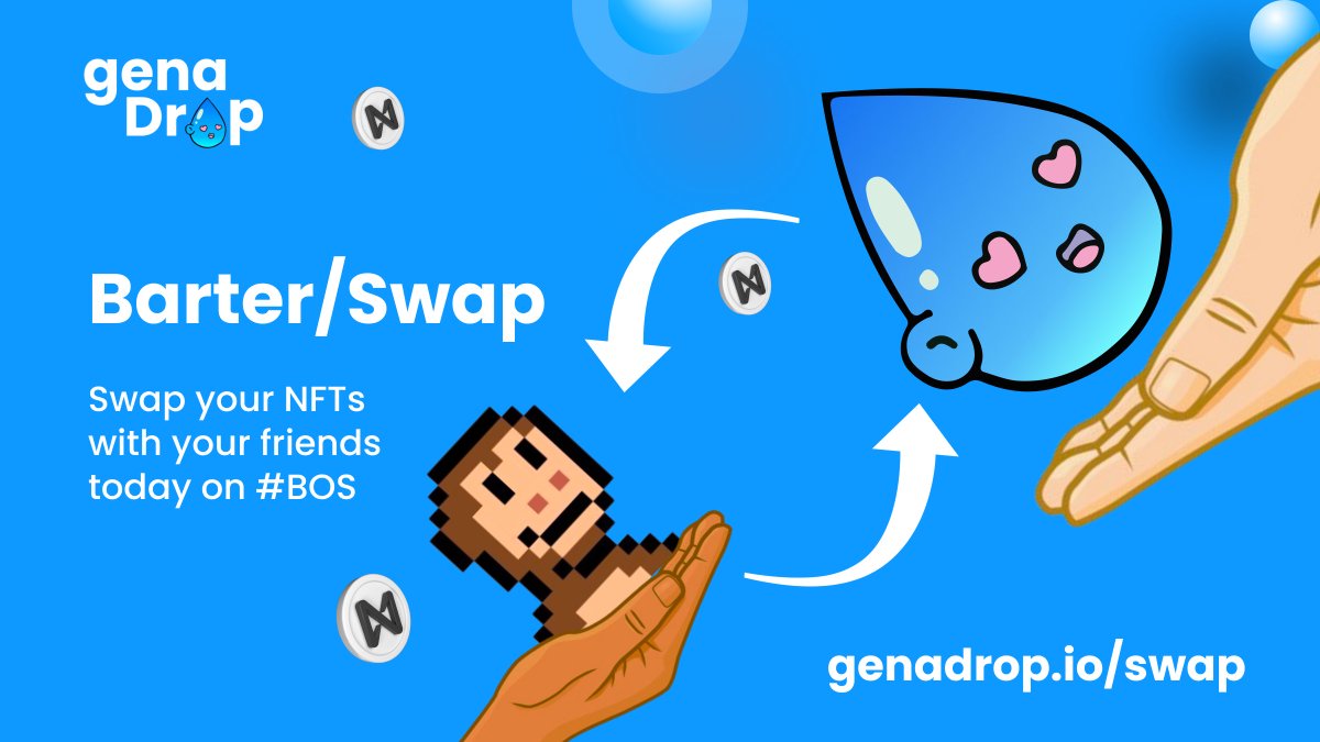 Genadrop (@genadrop) on Twitter photo โป๏ธ NFT Swap / Barter
Special thanks to the <a href="/ASAC_NFT/">Antisocial Ape Club {0.1}</a> labs, who originally built this as <a href="/TheHavenDAO/">Haven ๐๐งช</a> Havenswap. We added some features; socialDB, NFT details, & built this as decentralized dApp on #BOS.
๐ผ๏ธ Try it out today to trade NFTs w/ ur homies genadrop.io/swap โป๏ธ NFT Swap / Barter
Special thanks to the <a href="/ASAC_NFT/">Antisocial Ape Club {0.1}</a> labs, who originally built this as <a href="/TheHavenDAO/">Haven ๐๐งช</a> Havenswap. We added some features; socialDB, NFT details, & built this as decentralized dApp on #BOS.
๐ผ๏ธ Try it out today to trade NFTs w/ ur homies genadrop.io/swap