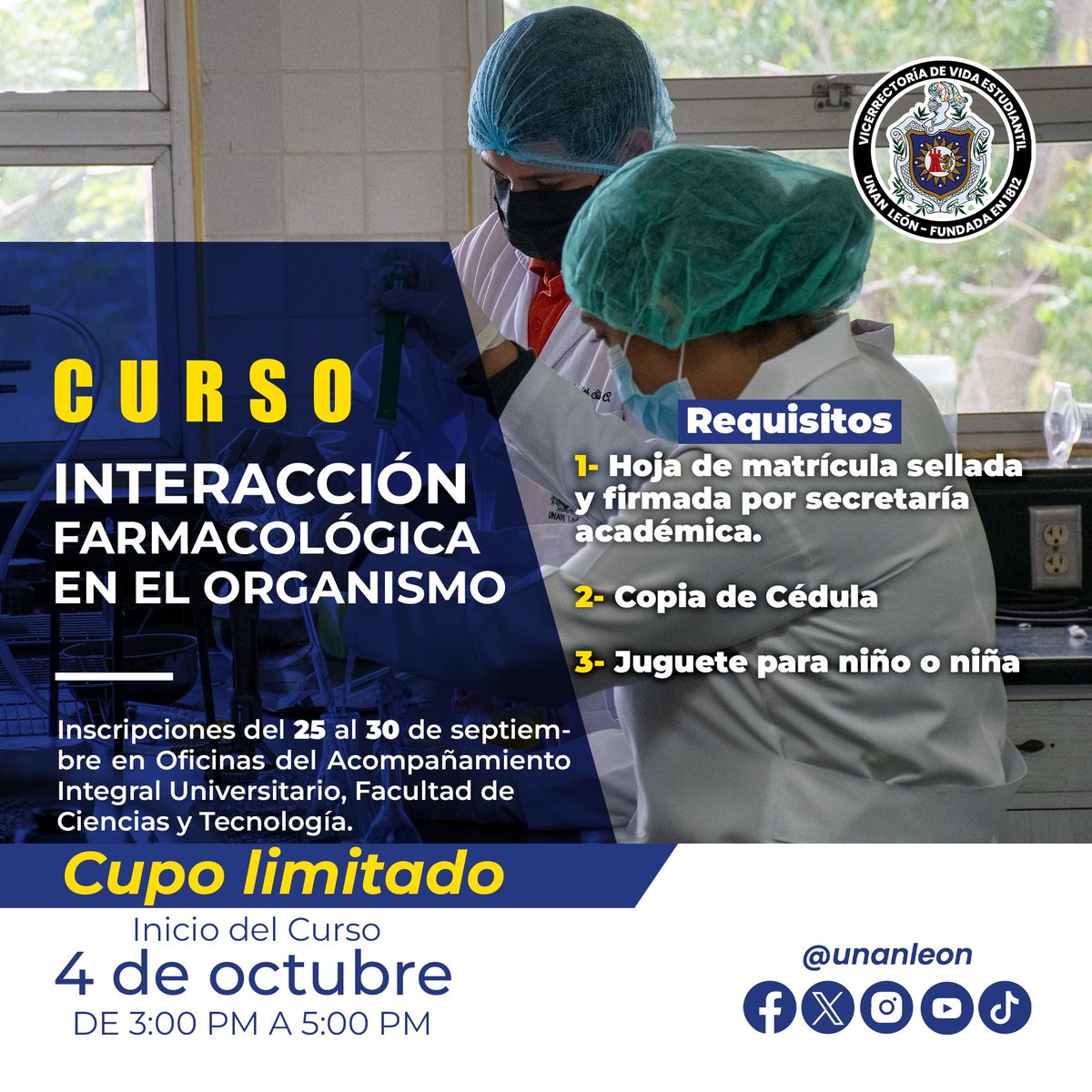 Este curso está dirigido a estudiantes de cuarto y quinto año de la carrera de Farmacia de nuestra alma máter, el cual se impartirá en  el aula es L4 de la facultad de Ciencias Química.