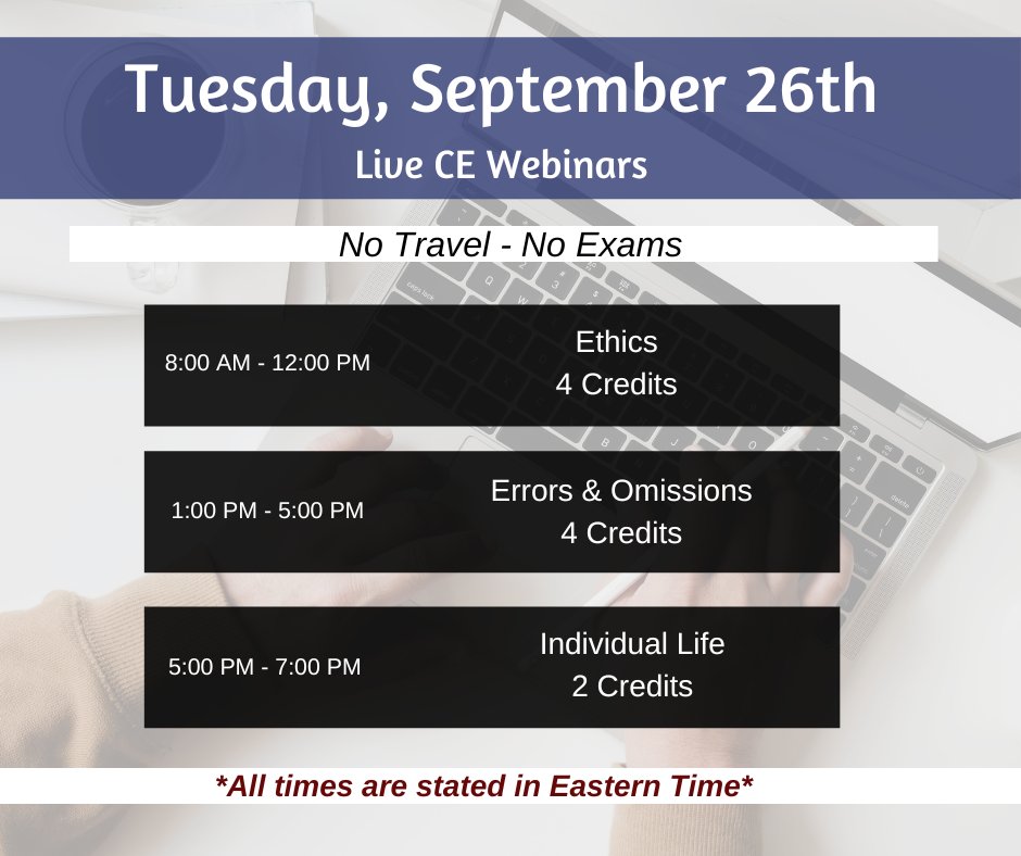 EITINS's tweet image. How is your Tuesday shaping up? Make it a productive day - earn up to 10 credits toward your #CE requirement. We have #Ethics (4cr), E&amp;amp;O (4cr) and #IndividualLife (2cr) on our schedule. Attend on any device. #NoExam! 
Register at:  bit.ly/450okX2 

#EasyCE