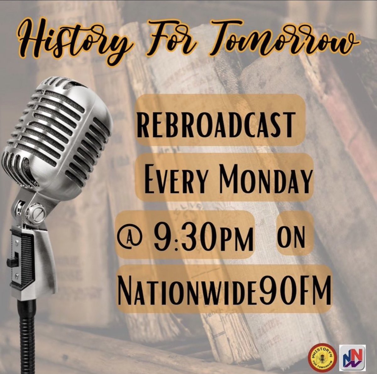Hey HFT Fam!👋🏽 Tune in for a rebroadcast of our show tonight at 9:30pm on Nationwide 90FM. We’ll be discussing indigenous history from last Saturday!  #historyfortomorrow #nationwide90fm