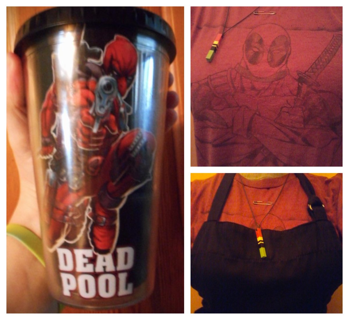 Another lousy day.

However, I managed to post 3 pics the day I took them (unlike months of backlog)...

I am properly attired for #NationalComicBookDay 💥 

As well as #NationalCookingDay 👩‍🍳

But my slightly cracked/much beloved #Deadpool sippy-cup goes with me everywhere.... 🙃