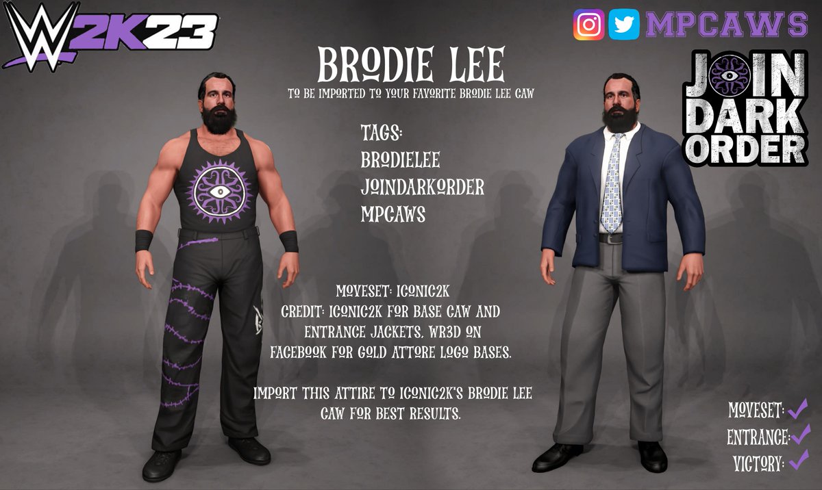 MPCAWS's tweet photo. First up is @ThisBrodieLee. 2 SLOTS. This is ATTIRE ONLY. Please copy and paste these gears onto @Iconic2k 's awesome #BrodieLee #CAW. Thank you to Iconic for the jacket, I included it on mine for ease. #MPCAWS https://t.co/qnYmpDspXg