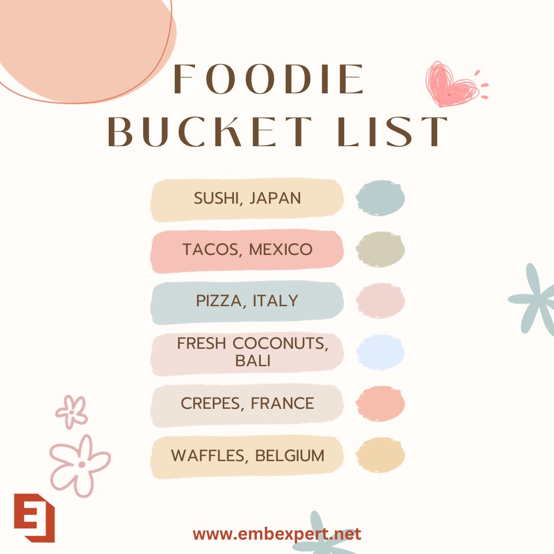 'Savoring Life, One Bite at a Time: Our Foodie Bucket List Journey!'
#EMBExpert
.
.
.
#foodie #sushi🍣 #pizza #italy #france
#wellbeing #wellbeingcoach #wellbeingwarrior #digitizing #digitalembroidery #tip #nature #getting