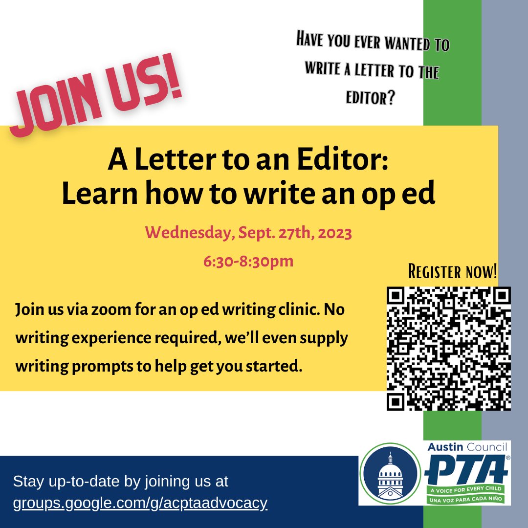 Wed, Sept 27th, 6:30-8:30pm (via zoom) Learn how to share your story or perspective with papers around Texas. We'll work on an idea and by the end of the event have some pieces ready to submit. Register here: us02web.zoom.us/meeting/regist… #austincouncilpta