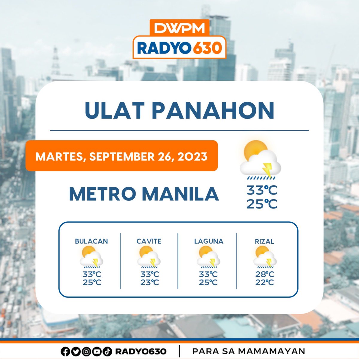 Radyo630's tweet photo. ULAT PANAHON ngayong Martes, Setyembre 26, 2023.
Narito ang magiging lagay ng panahon ngayong araw base sa impormasyon mula sa PAGASA weather center.
Laging mag-iingat, mga ka-serbisyo! π€οΈ
Source: @dost_pagasa
#WeatherUpdate #DWPM #Radyo630 #TeleRadyoSerbisyo https://t.co/hmMEkHrzOT