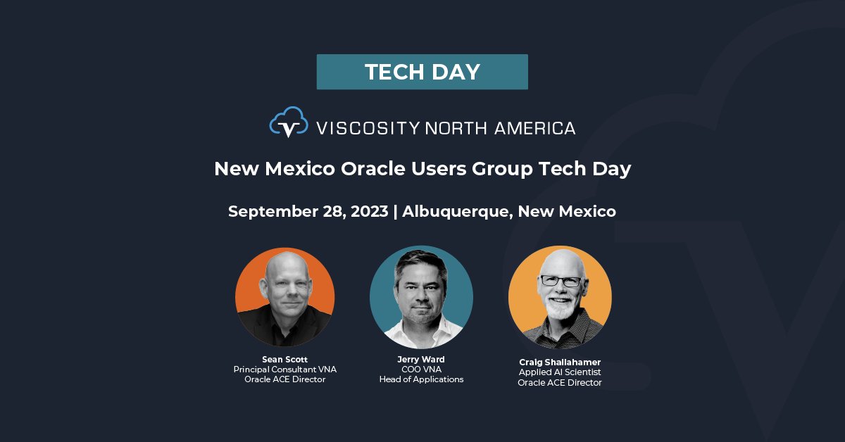 ViscosityNA's tweet image. 📣 #NMOUG Tech Day 2023!
#ViscosityAI, functional #oracleapps, #DataGuard, #orclapex, ASH Data, & REST APIs for #orcldb integration to Slack & MS with @oraclecoffee, @oraclesean, & Craig Shallahamer.
📅 Sept 28 | Register: bit.ly/3PviMy7
#VNA23 #OraPub