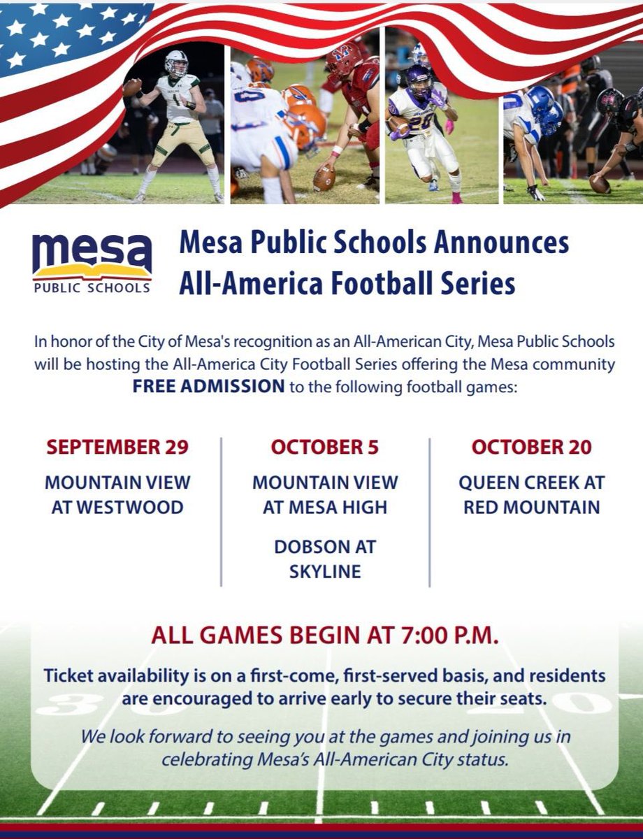 Very cool thing here by Mesa Public Schools. As part of the district’s All-America Football Series, admission to the following games will be free. 

Mountain View at Westwood - Sept. 29
Mountain View at Mesa - Oct. 5
Dobson at Skyline - Oct. 5
Queen Creek at Red Mountain - Oct.