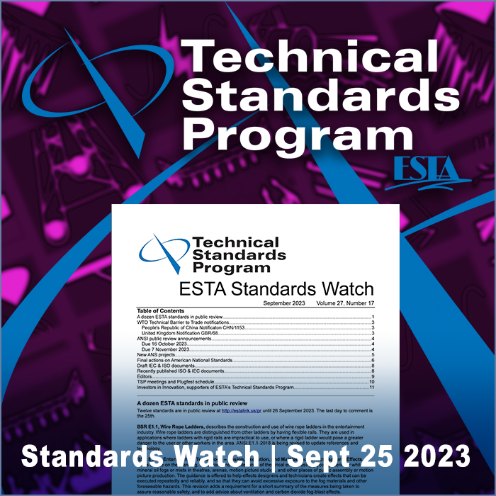 ESTA_Standards's tweet photo. The latest issue of ESTA Standards Watch is now available at https://t.co/Jq7LIANmMl. https://t.co/ZdeGtc87oK
