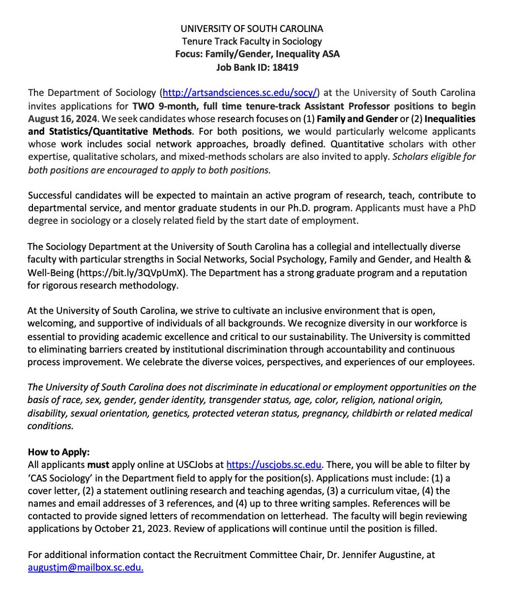 🚨 My amazing department @UofSC is hiring TWO tenure-track Assistant Professor positions this year! Please share widely and reach out if you have questions! #sociologyjobs #soctwitter
