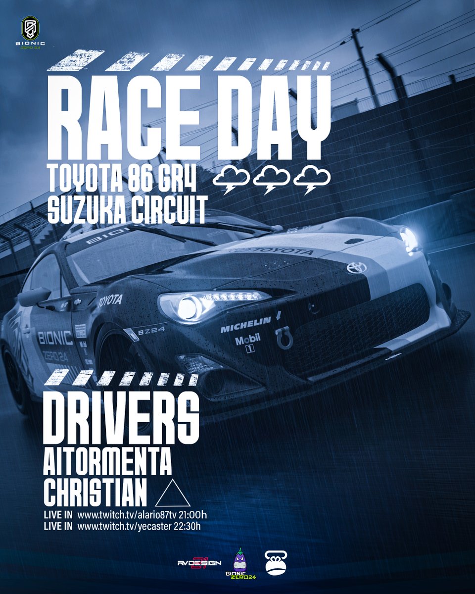 🏁𝗥𝗔𝗖𝗘𝗗𝗔𝗬

Vuelta al KOKOLE | <a href="/KOKO__Racing/">KOKO Racing</a> | Ronda 3

Se avecina tormenta 🌩️🌩️

📍Suzuka circuit
🤖 <a href="/BZ24_Aitormenta/">Aitor Ruiz Rodriguez</a> 
🤖 @BZ24_Christian 
🚗Toyota 86 gr4
🎙️ <a href="/alario1987/">Alario87 TV</a> 21:00
🎙️ <a href="/YECASterOficial/">🎙️ YECAS 🎙️</a> 22:30

EN DIRECTO AQUI
twitch.tv/alario87tv
twitch.tv/yecaster