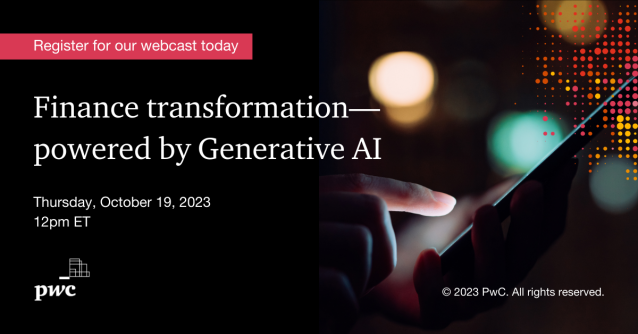 Finance transformation is set to be transformed through the power of generative AI. Join PwC’s webcast to see what that entails. pwc.to/3Rww3Jd