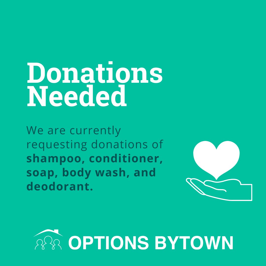Options Bytown (@optionsbytown) on Twitter photo We need your support! We are currently requesting donations of shampoo, conditioner, soap, body wash, and deodorant.
To schedule a donation drop off, email donate@optionsbytown.com or visit optionsbytown.com/donate-items We need your support! We are currently requesting donations of shampoo, conditioner, soap, body wash, and deodorant.
To schedule a donation drop off, email donate@optionsbytown.com or visit optionsbytown.com/donate-items