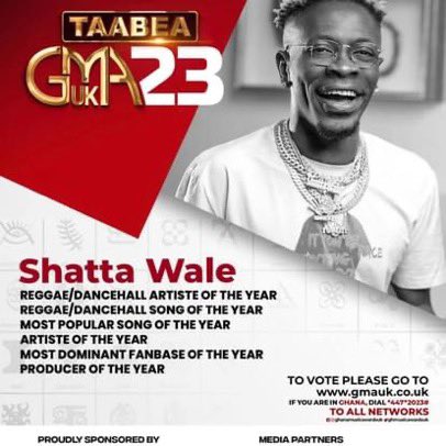 Shatta Wale is storming LONDON this October at the #ghanamusicawardsuk 2023… live on 7th October !!

Shatta Wale is one of the most nominated artiste this year with about 6 ( six ) nominations to his credit, including the biggest award on the night ARTISTE OF THE YEAR !!

Shatta