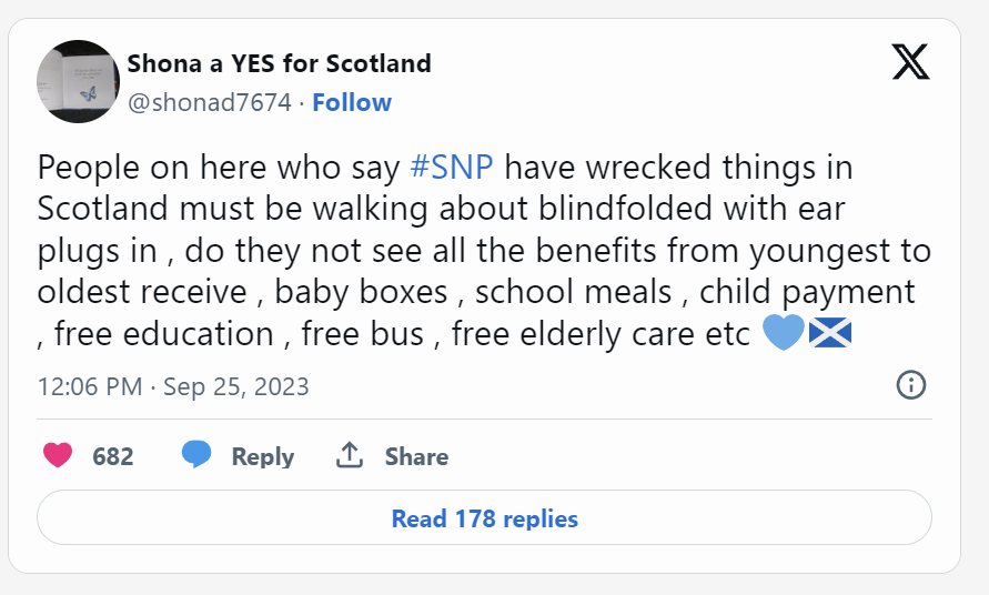 AgentP22's tweet photo. These idiots do not understand that the Barnett formula allows the SNP to give away all this “free” stuff. 

If Scotland became independent, all the freebies would disappear overnight as they would be unaffordable. https://t.co/ZnYxiWLaQE