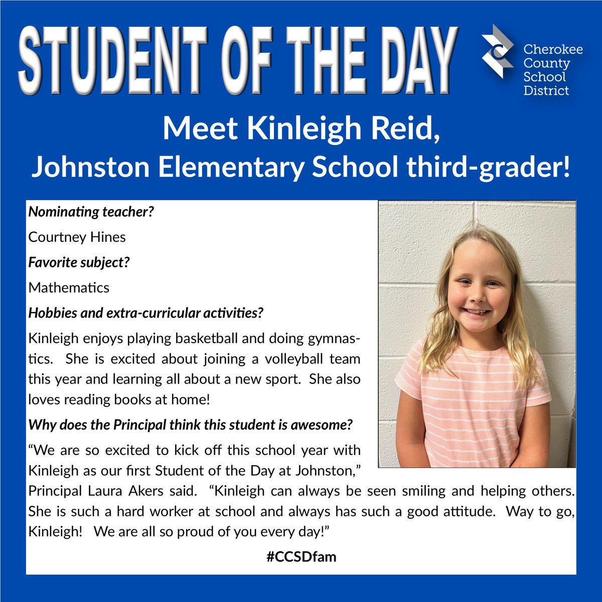 CCSD's "Student of the Day" is announced on WLJA 101.1 FM between 7-7:15 a.m. and 5-5:15 p.m. each school day, and we highlight these outstanding students here, too. #CCSDfam