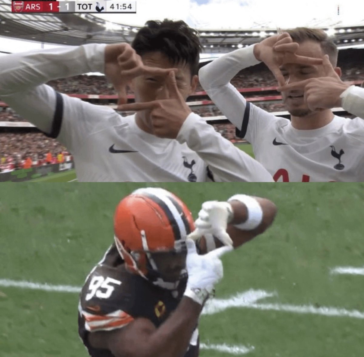 SpurOTM's tweet photo. Cleveland Browns star defensive end, Myles Garrett, doing Sonny’s celebration. 

Sonny is a global star. 

⚽️🤝🏈 https://t.co/o7LplASHQF