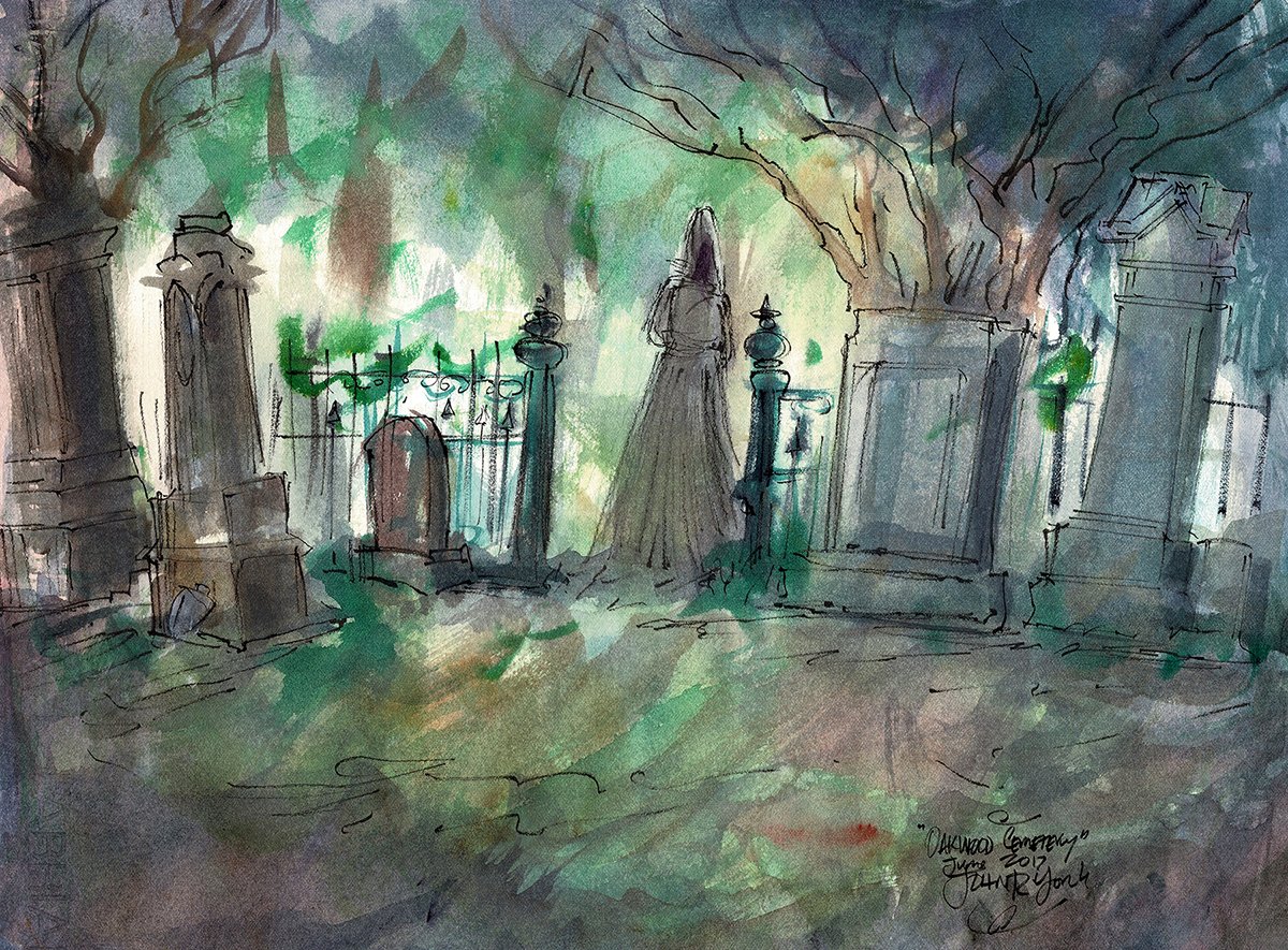 johnrandallyork's tweet image. Happy Halloween! Here&apos;s my &quot;Oakwood Cemetery Ghost&quot; watercolor to get you in the spirit! #happyhalloween #danielsmith #danielsmithwatercolor