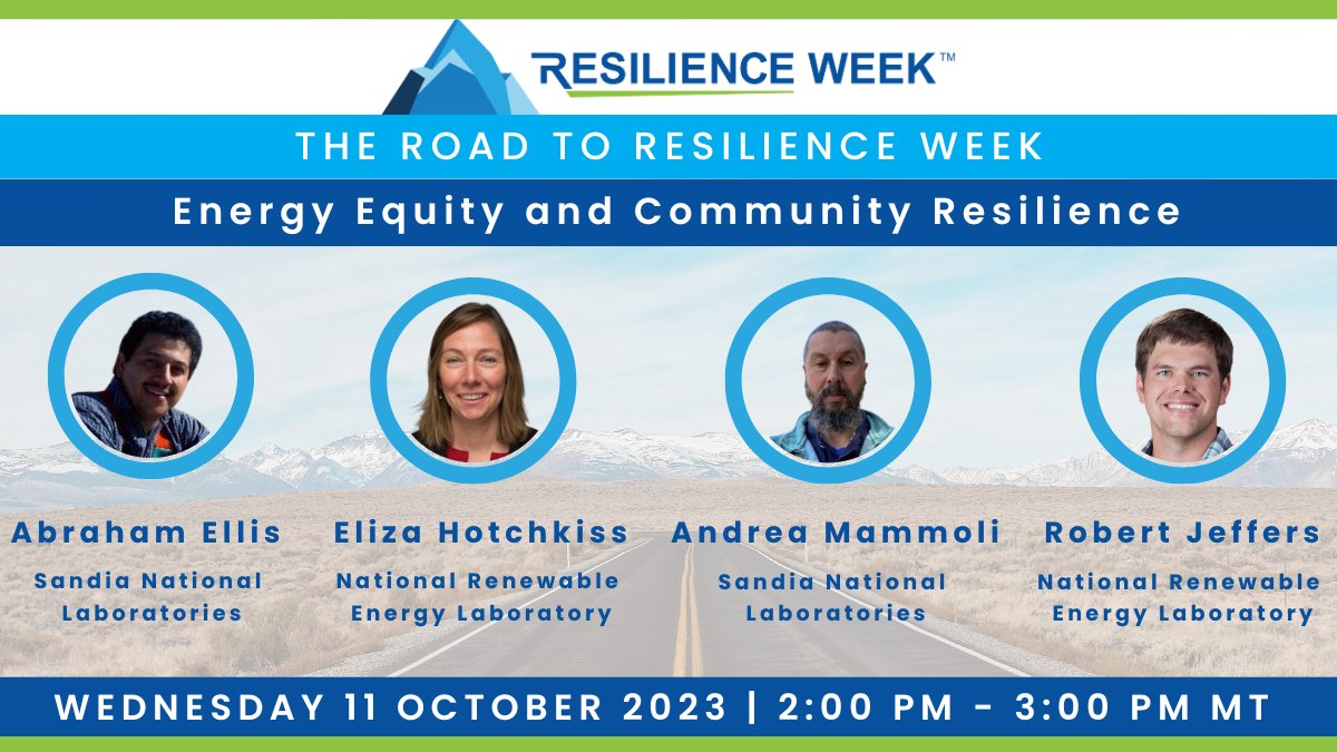 🛣️Register for "Road to #ResilienceWeek2023 #Resilient and #Equitable #Communities Webinar" w/ <a href="/SandiaLabs/">Sandia National Labs</a> + <a href="/NREL/">NREL</a> on the latest methods tools + research to chart a path towards a resilient + equitable #cleanenergy future.

Details bit.ly/3ZxAIg1

When 11 October 2 PM MT