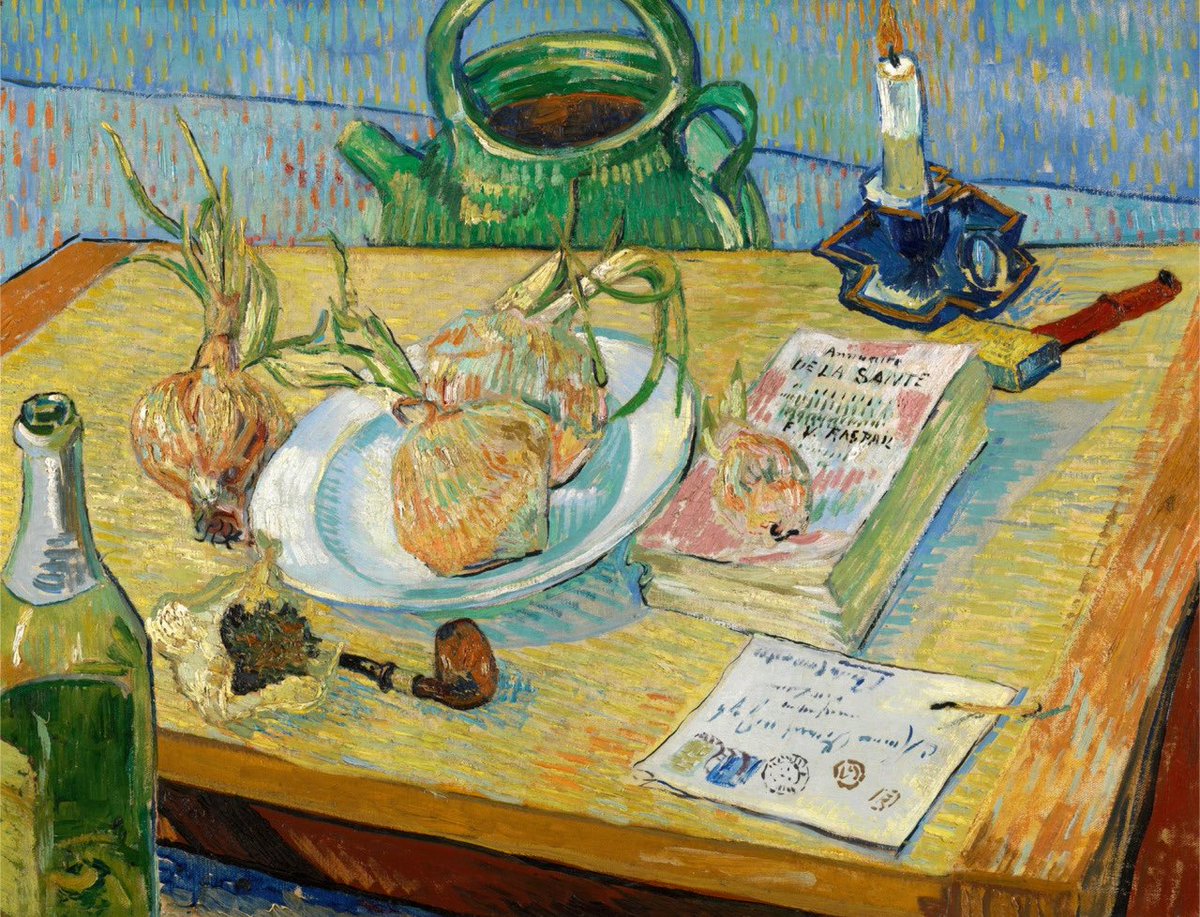 Calluuna's tweet image. Still life with a plate of onions, early January, 1889. Vincent van Gogh. Oil on canvas.