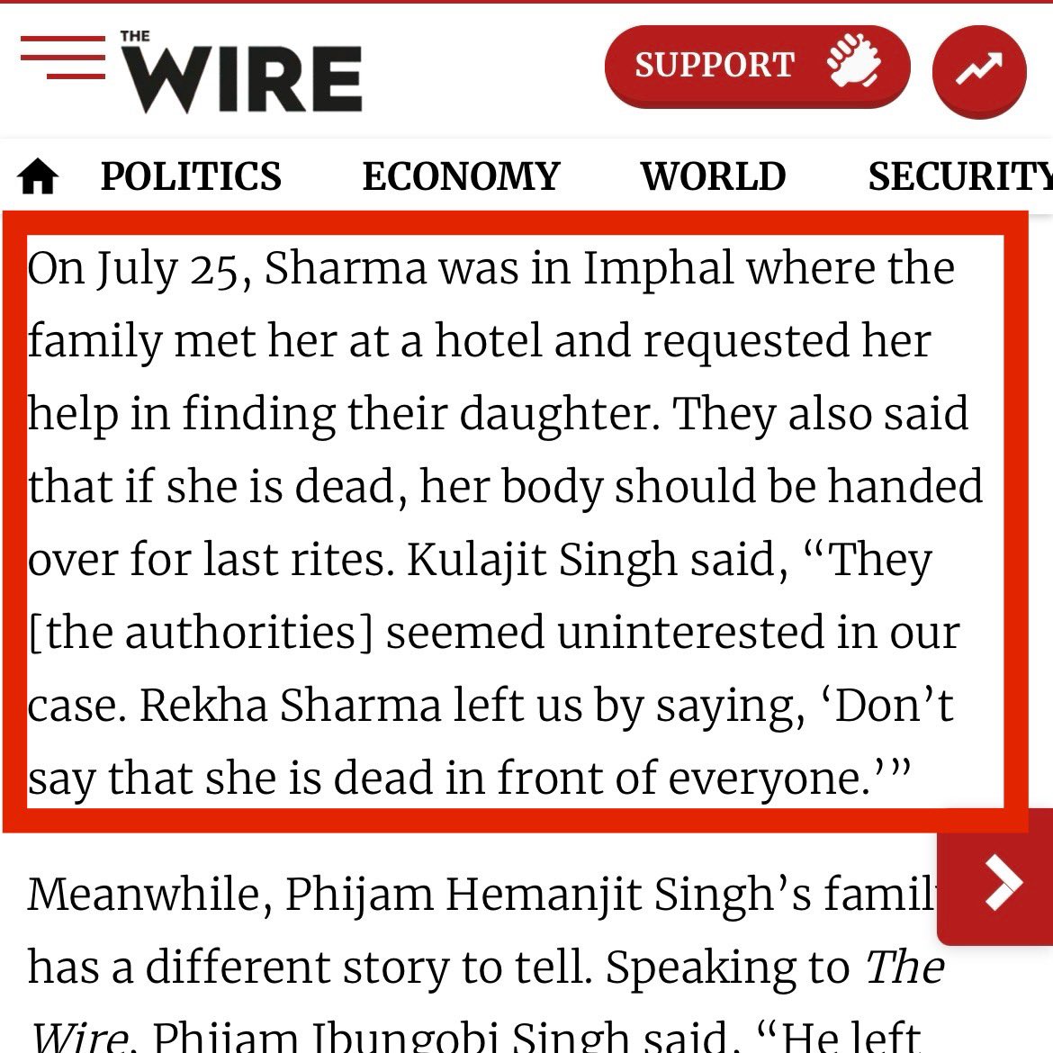 nomangkha's tweet photo. @aliyaqut of @thewire_in reported about this two teenager who were missing since 6th July. 

1. Report mentions @sharmarekha told the girl’s father “Don’t say that she is dead infront of everyone.” 

We don’t know who’s the EVERYONE here. But now that it’s confirmed that they’ve been killed, what is NCW next step. @NCWIndia 

2. @CrimeManipur and @manipur_police What will be the next step? The report mentions you were aware of their locations but failed to take actions. What now?

3. @thewire_in hasn’t reported about the killings yet! Is the reporter waiting signal from @KaranThapar_TTP after he has prepared his script to support the Kukis for such actions as well? He’s been advocating a lot of action and putting words to their mouth. 

Question goes to @BDUTT @newslaundry @ThePrintIndia @CNNnews18 and all media fraternity. 

𝐃𝐢𝐝 𝐭𝐡𝐞𝐬𝐞 𝐓𝐰𝐨 𝐓𝐞𝐞𝐧𝐚𝐠𝐞𝐫𝐬 𝐞𝐧𝐭𝐞𝐫𝐞𝐝 𝐭𝐡𝐞 𝐊𝐮𝐤𝐢 𝐯𝐢𝐥𝐥𝐚𝐠𝐞 𝐰𝐢𝐭𝐡 𝐆𝐮𝐧𝐬? 𝐈𝐟 𝐧𝐨𝐭, 𝐰𝐡𝐲!? 𝐖𝐇𝐘?

#IAmLingthoingambi 
#IAmHemanjit
#KukiAtrocities