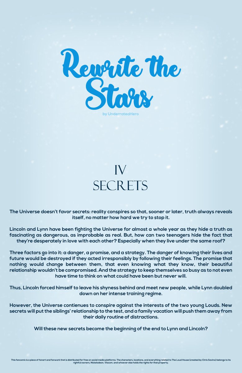 Underrated_Hero's tweet photo. ✨Rewrite the Stars IV: Secrets✨

Preproduction is done. This new issue will be 43 pages long, and I'll start drawing it today.

Info on the schedule, public releases and free access to the previous issues in my bio🟠🅿️.

#TheLoudHouse #Fancomic #LynnLoud #LincolnLoud https://t.co/kCIbdO1yT4