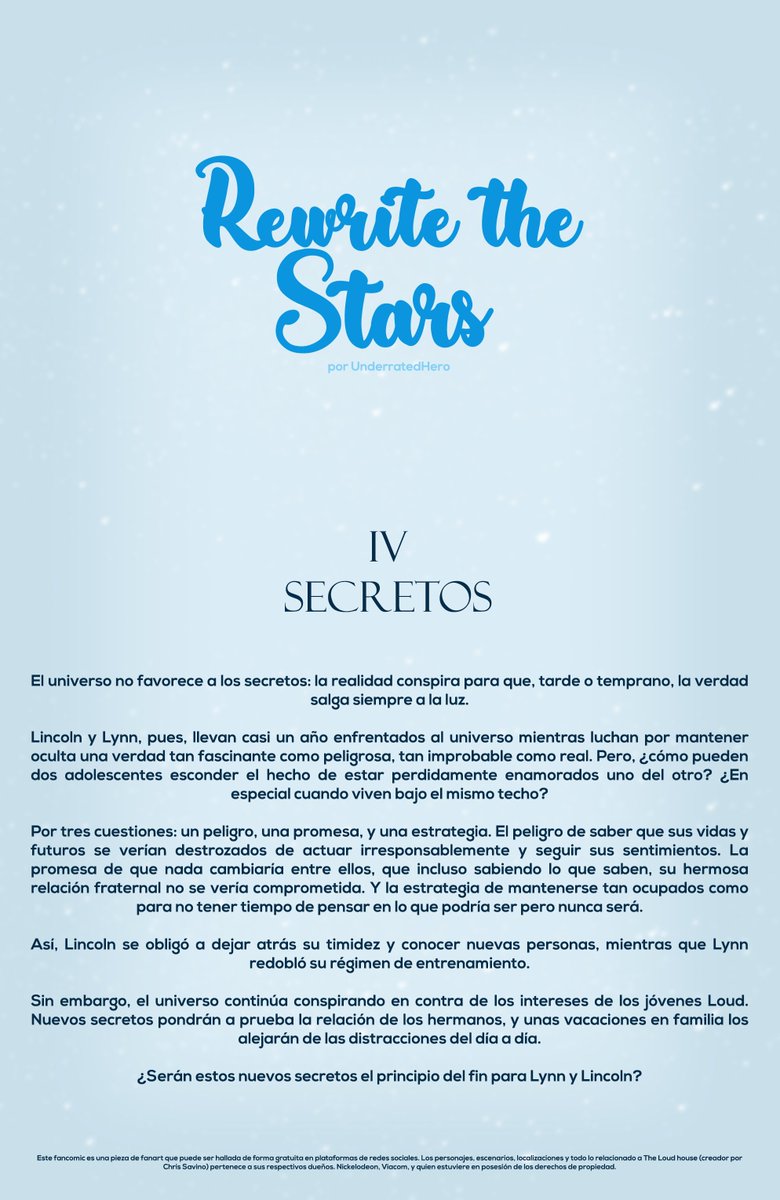 Underrated_Hero's tweet photo. ✨Rewrite the Stars IV: Secrets✨

Preproduction is done. This new issue will be 43 pages long, and I'll start drawing it today.

Info on the schedule, public releases and free access to the previous issues in my bio🟠🅿️.

#TheLoudHouse #Fancomic #LynnLoud #LincolnLoud https://t.co/kCIbdO1yT4