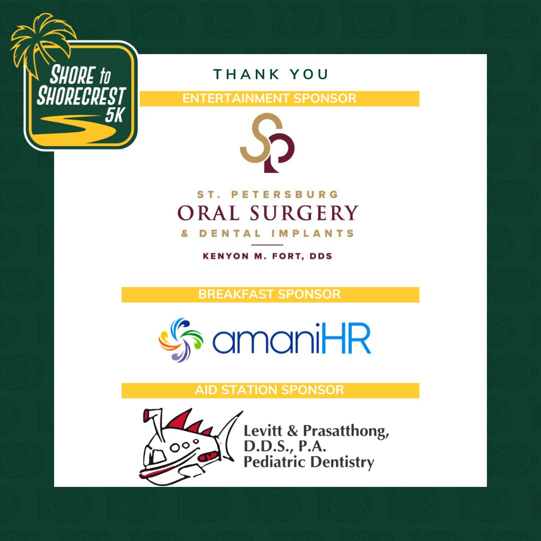 RUN, don't walk… to join us in thanking these community partners for sponsoring the Shore to Shorecrst 5K on October 21! @woodieswashshack, @northeast_orthodontics, @florida.blue, @stpeteoralsurgery, Amani HR, and Levitt and Prasatthong DDS PA. Become a sponsor today!