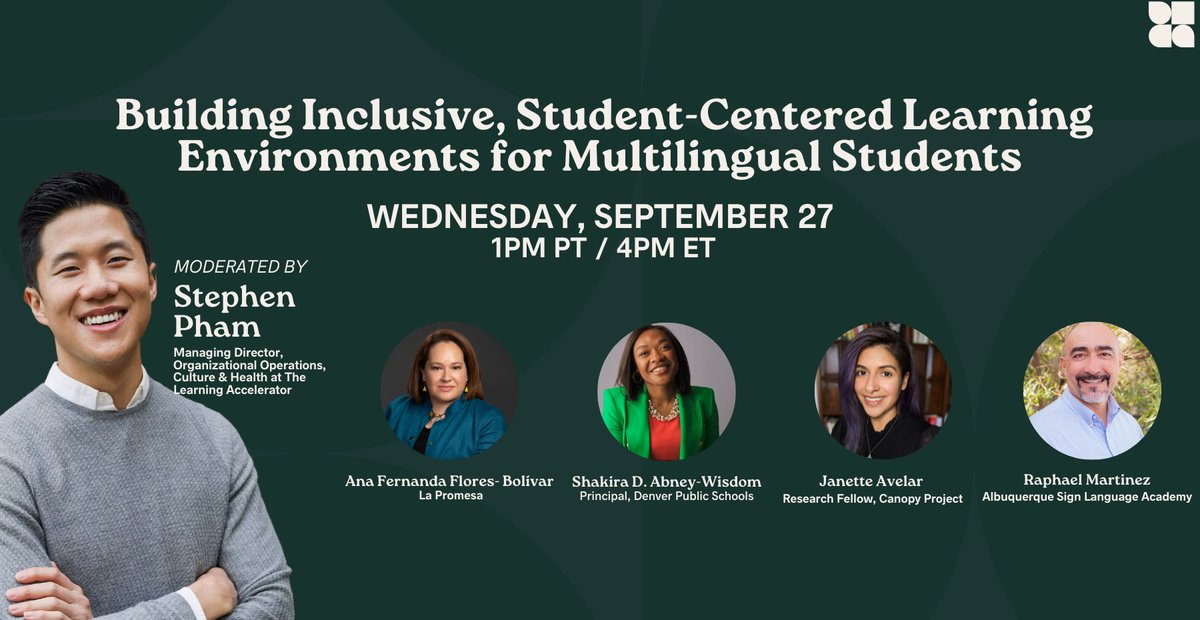 Don't miss out! Last chance to register for a webinar on Building Inclusive, Student-Centered Learning Environments for Multilingual Students hosted by TLA's <a href="/stephenqpham/">D. Stephen Pham</a> on Sept. 27. Details &amp; sign up here: ow.ly/7A5P50PPqfE @TranscendBuilds <a href="/WeAreEdLoC/">Education Leaders of Color</a>
