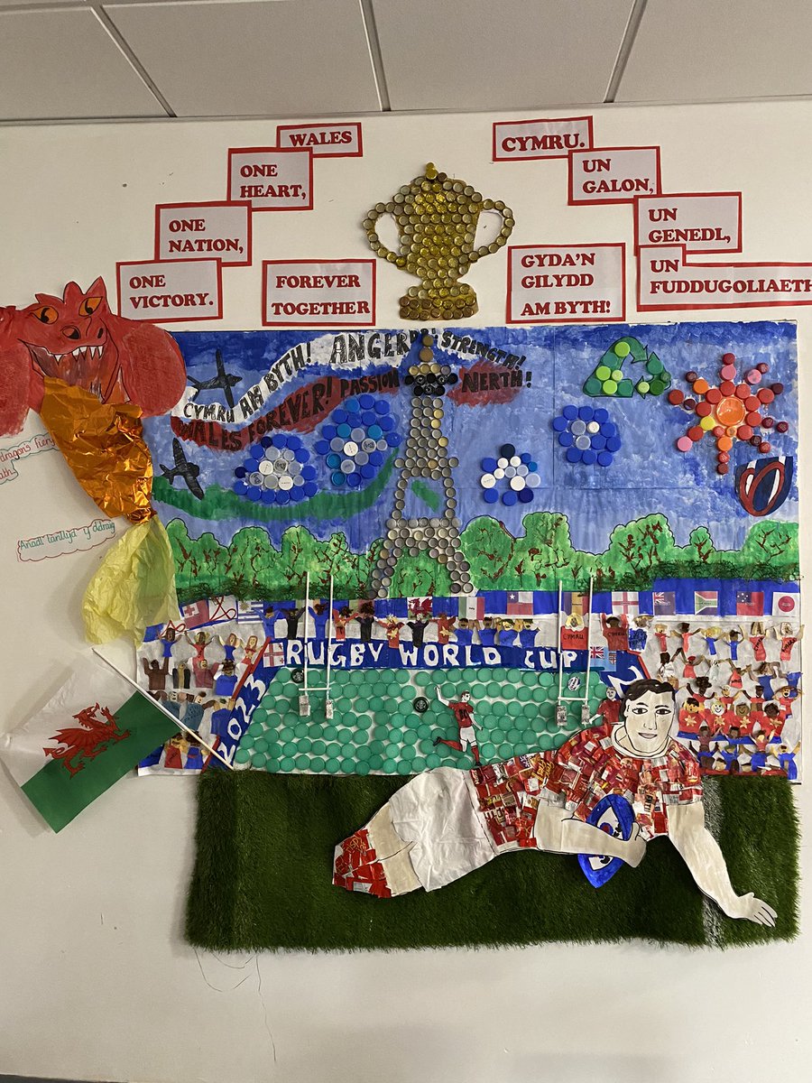 @WelshRugbyUnion@WRU_Community
Congratulations on an amazing performance last night. We’ve got this!
#AllezlesRouges #AllezLesRogue #VivaLeCymru #Cymruambyth
Well done to Dosbarth Efydd, Cwmlai Primary for completing a picture to show support for Wales using recycled materials.