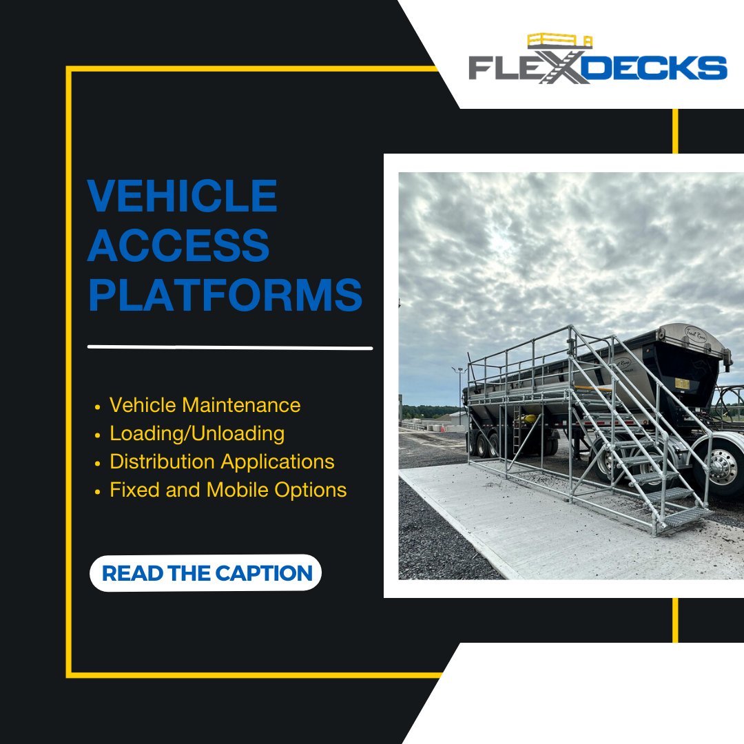 flexdecks's tweet photo. We're your go-to for truck/trailer access, maintenance, and distribution safety. Our platforms offer secure access anywhere, and we specialize in OSHA-compliant solutions for efficiency and worker safety. Let's discuss better access - we're here for you!  https://t.co/cEfFDPjth7 https://t.co/6qNHdw1zaO