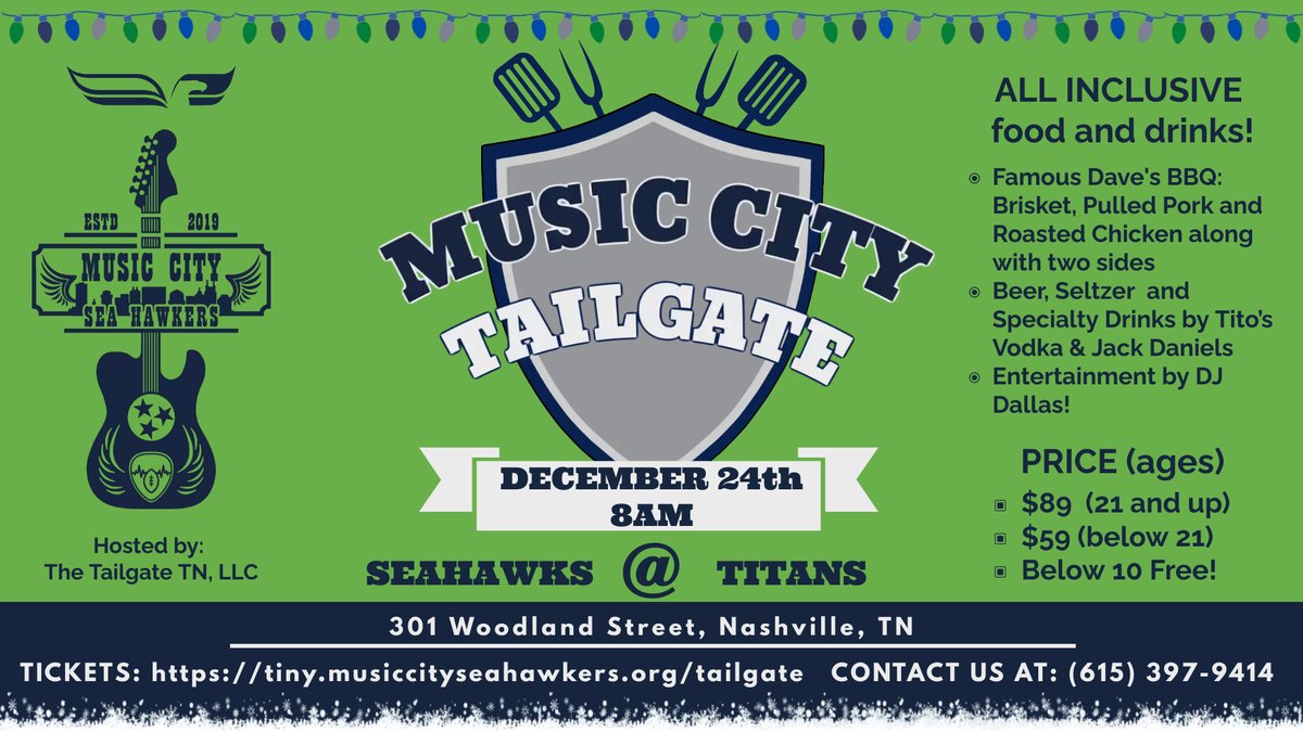 Music_City_SH's tweet photo. The @Seahawks are headed to Music City for a clash with the @Titans on Christmas Eve!

Join us as we kickoff game day with an epic tailgate party hosted by @TheTnTailgate! 

Tickets must be purchased in advance at: https://t.co/FRBxf1L3KK
#Seahawks📷 #MusicCitySeaHawkers #GoHawks https://t.co/stQ2pbCMtP
