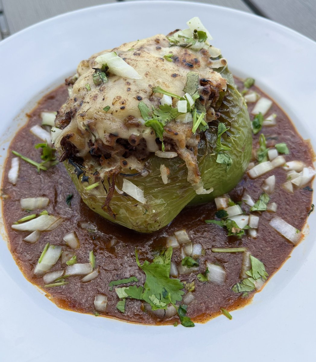 We're so excited about tomorrow's mystery Birria item that we're giving you a sneak peek a day early! 

BIRRIA STUFFED PEPPER is filled with birria brisket, cilantro lime rice &amp; street corn. Topped with chihuahua cheese, cilantro and onion and served in a consommé reduction.