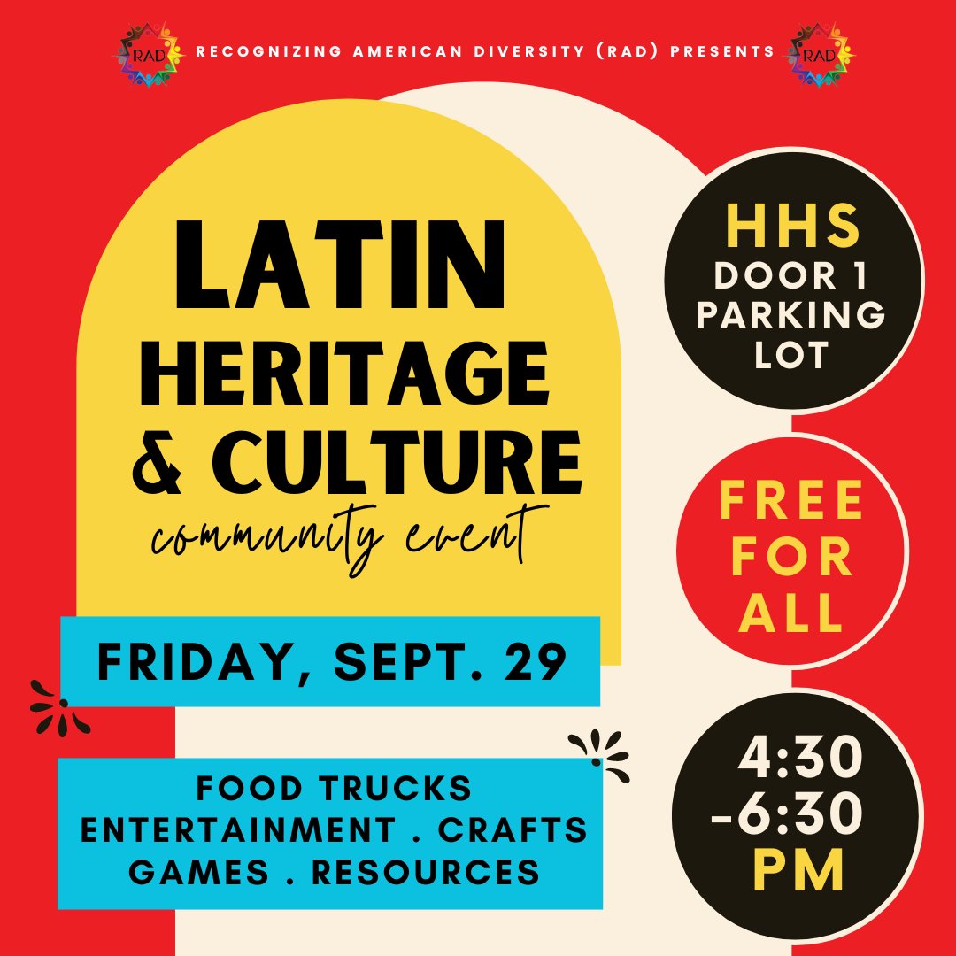 Join <a href="/RADatHHS/">RADat158</a> this FRIDAY, September 29 from 4:30 p.m. to 6:30 p.m. to celebrate Latin heritage and culture! 🤩 This FREE event will be held at <a href="/HuntleyHS/">HuntleyHS</a>  in the door 1 parking lot and it will feature latin cuisine, entertainment, crafts, games, resources and more! 💃