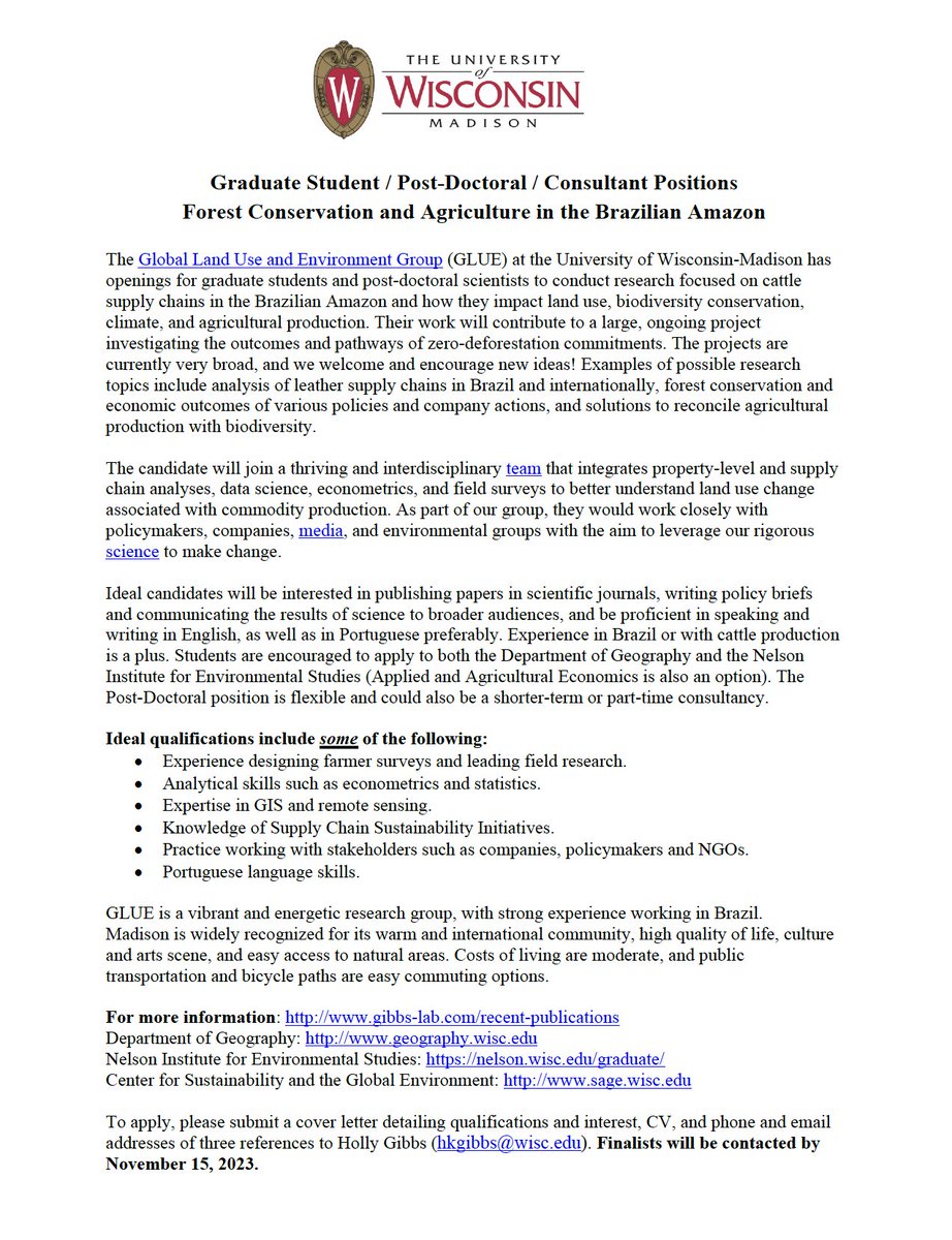 🚨 Job alert🚨 We're hiring a *Grad student/ Post-Doc Researcher/ Consultant* to work on Forest Conservation and Agriculture in the Brazilian Amazon. Visit our website to learn more about the position and about GLUE. Finalists will be contacted by Nov 15. gibbs-lab.wisc.edu/opportunities.…