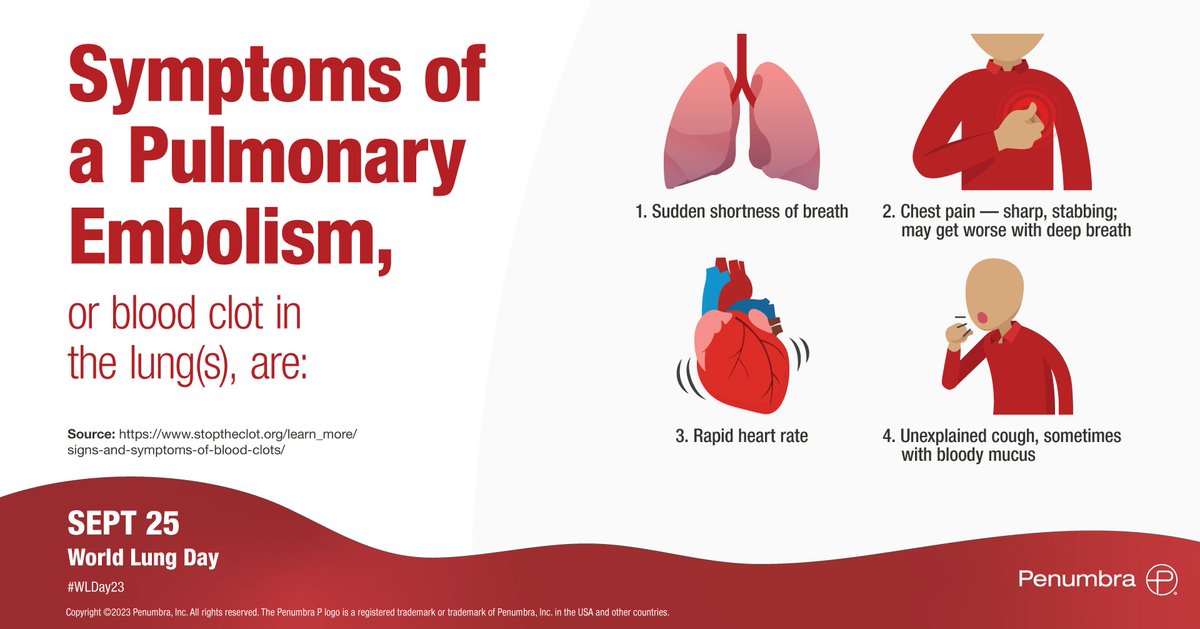 PenumbraEMEA's tweet photo. Today is #WorldLungDay. Pulmonary Embolism is a blood clot in the lungs. Learn more about the symptoms below.

#WLDay23 #Innovation #MedTech #PE https://t.co/KGu20MugCQ